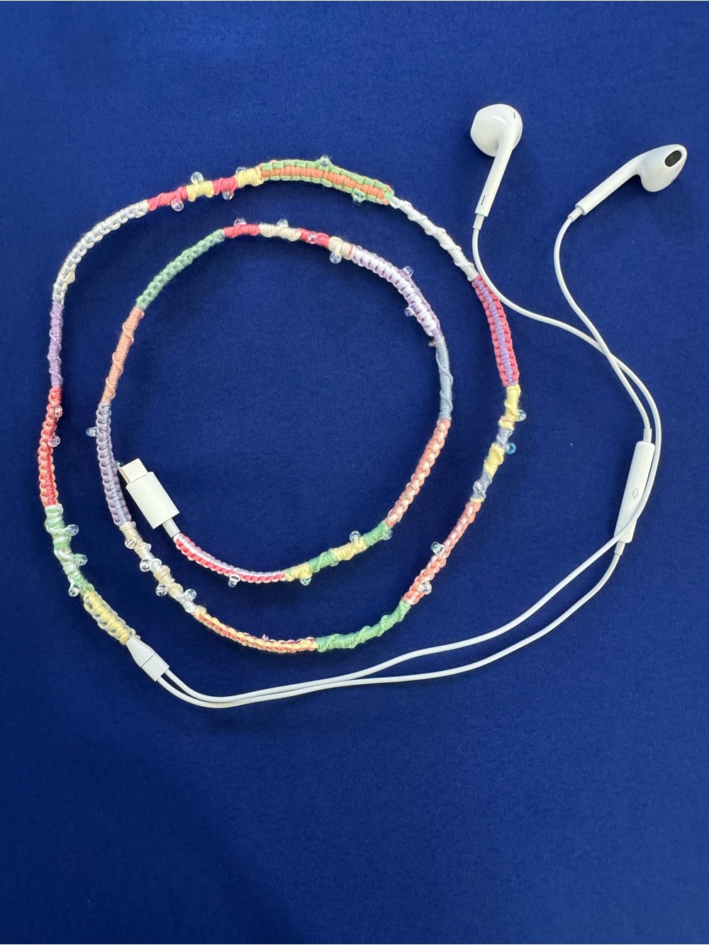 New Apple White Earbuds with Pastel Rainbow Braided Cable Sleeve USB-C